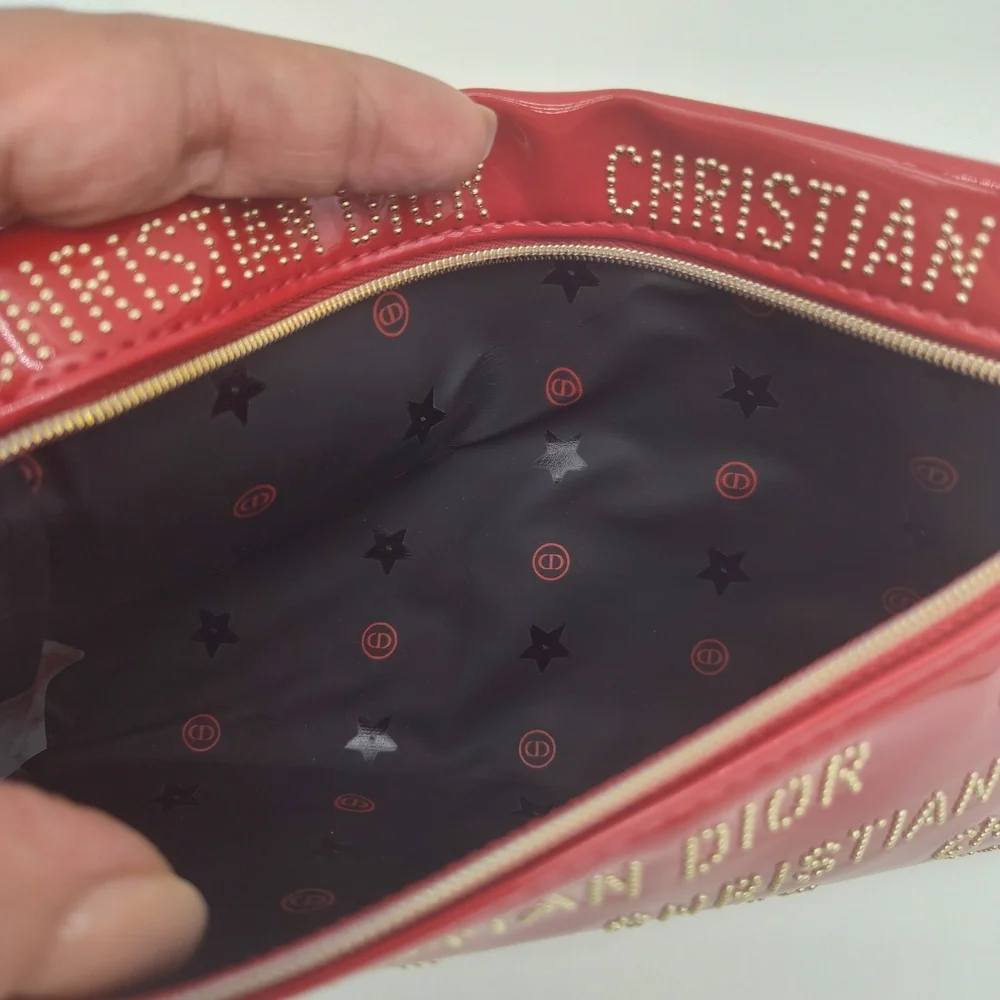 DIOR Red Patent Studded Logo Cosmetic Pouch Star Charm NIB Limited Edition